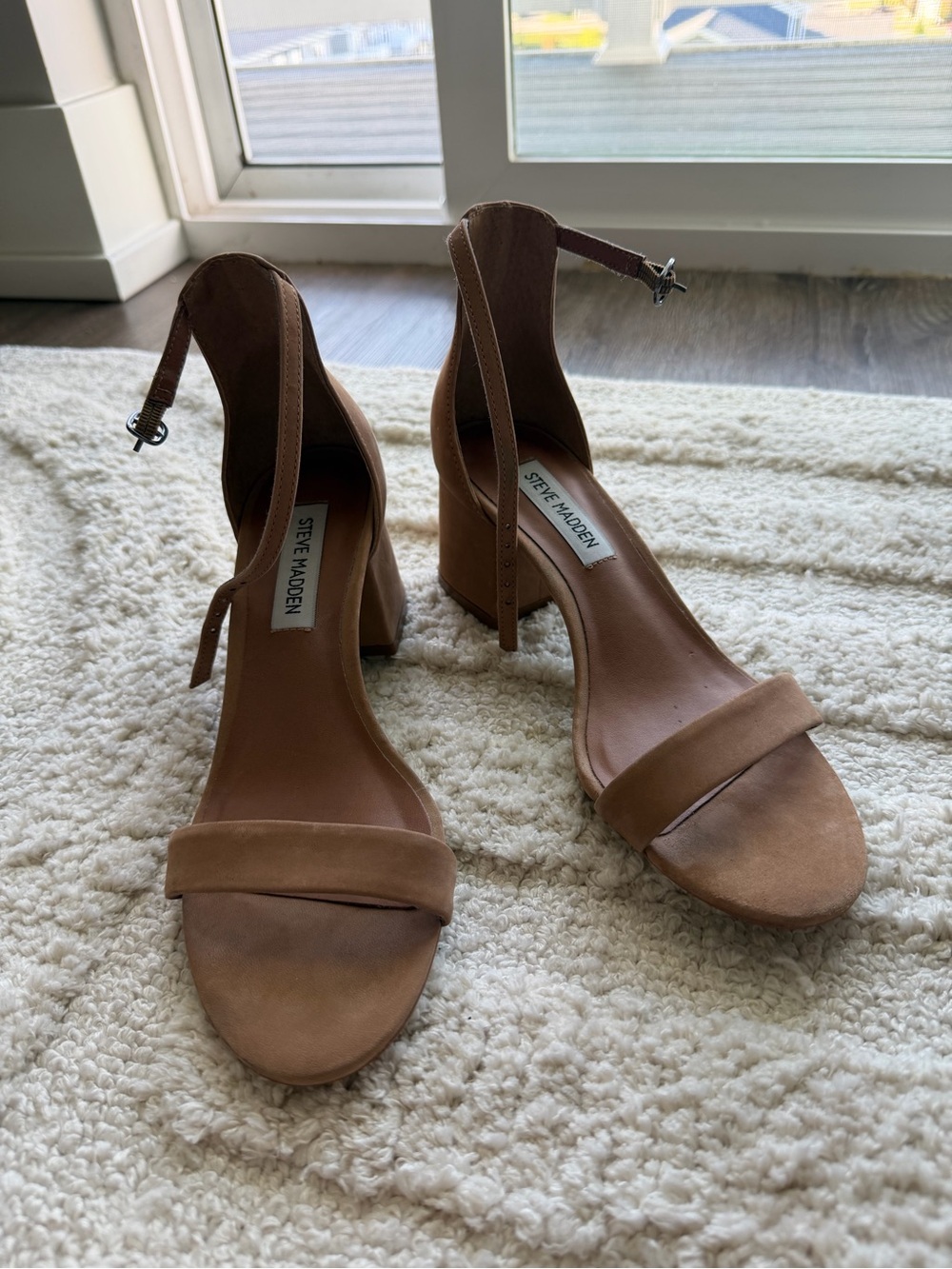 Steve Madden Tan Suede Block Heel Sandals with Ankle Strap